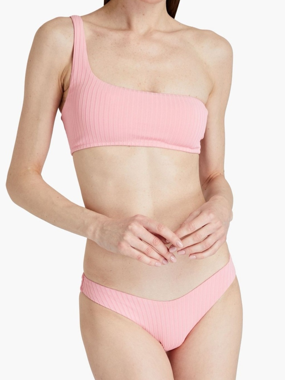 Melissa Odabash Toulouse Pink Ribbed One Shoulder Bikini Set XS NWT Asymmetrical